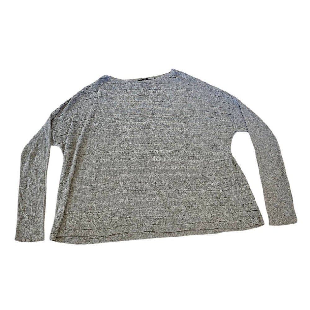 Eileen Fisher XL Grey Italian Yarn Textured Stripe Boxy Long Sleeve Knit Top